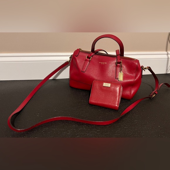 Coach Saffiano Small Red Leather Satchel/Crossbody with matching wallet - Picture 1 of 9